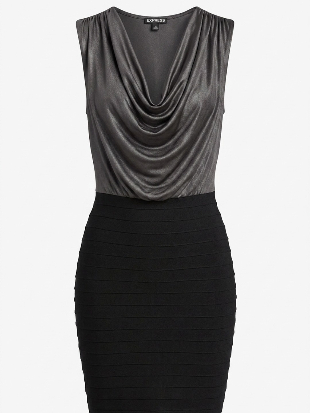 Express Metallic Gray & Black Cowl-Neck Midi Dress